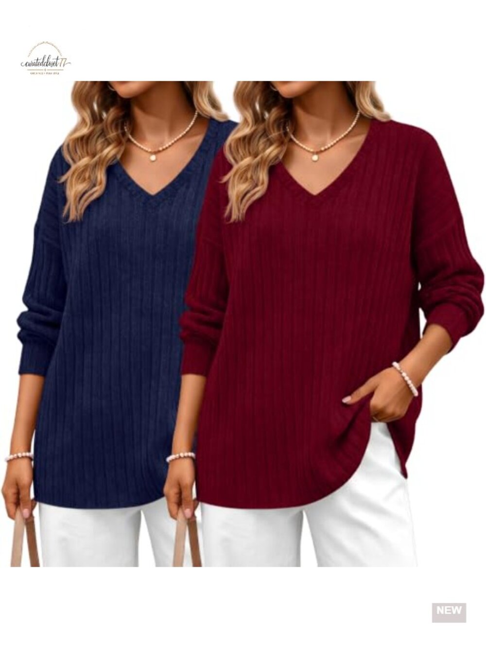 Oversized V-Neck Pullover Sweater 2 Pack Long Sleeve Brushed Stretch